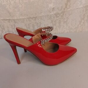 BCBGeneration red patent Hartlee stiletto heels with rhinestone strap size 7 1/2